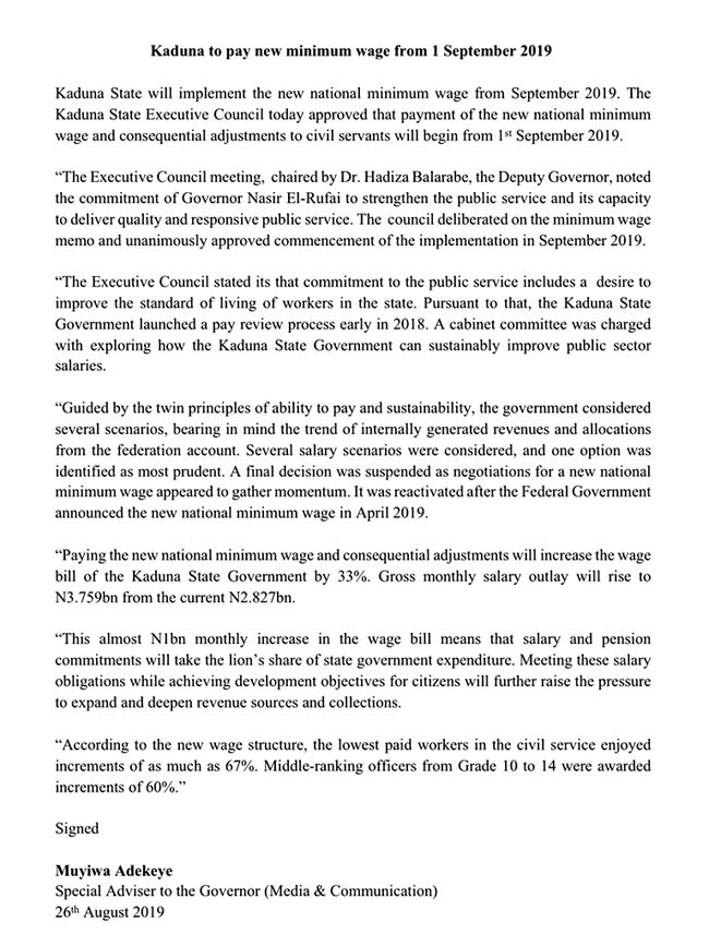 Kaduna State government announces plan to start?paying?N30,000 minimum wage from September 1st