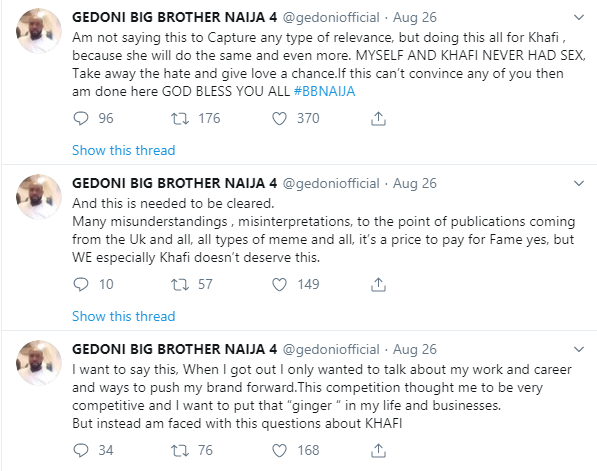 BBNaija: Khafi has been celibate for 8 years, we never had sex - Gedoni 