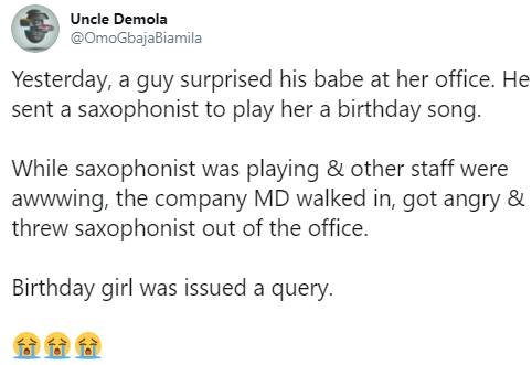 Lady issued query by her boss after her boyfriend gives her birthday surprise during office hours