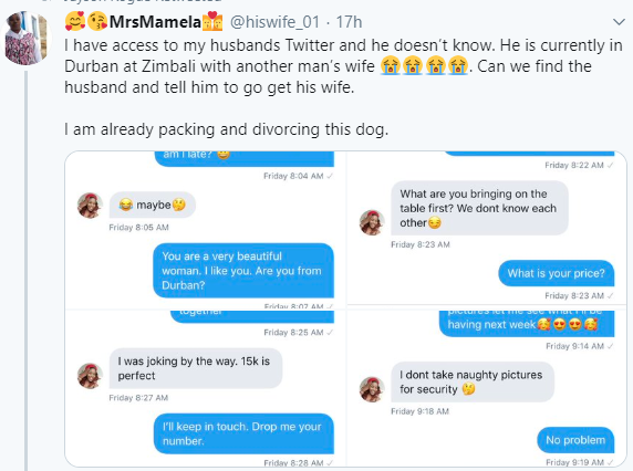 Woman exposes chat between her husband who told her he was travelling on business and the married woman he went to meet