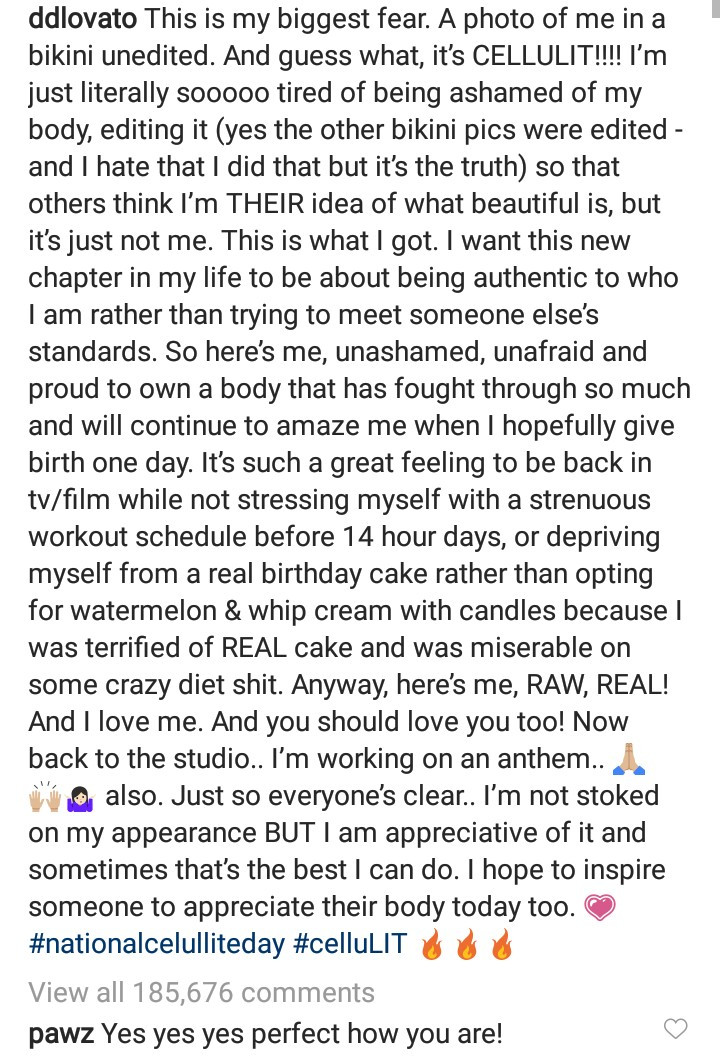 "Tired of being ashamed of my body" Demi Lovato says as she shares unedited bikini photo with her cellulite on display