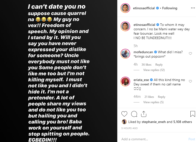 Work on yourself and stop spitting on people - Etinosa replies Oyemykke