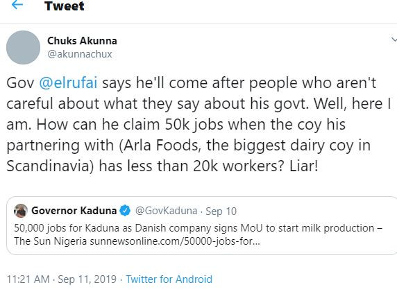 Twitter user calls Governor El-Rufai a 