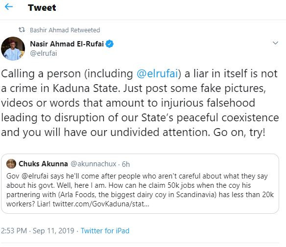 Twitter user calls Governor El-Rufai a 