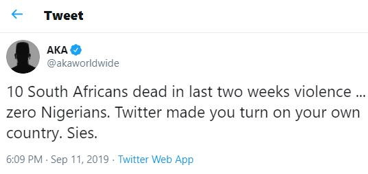 Xenophobia:?10 South Africans dead in last two weeks, zero Nigerians, Twitter made you turn on your own country - Rapper. AKA