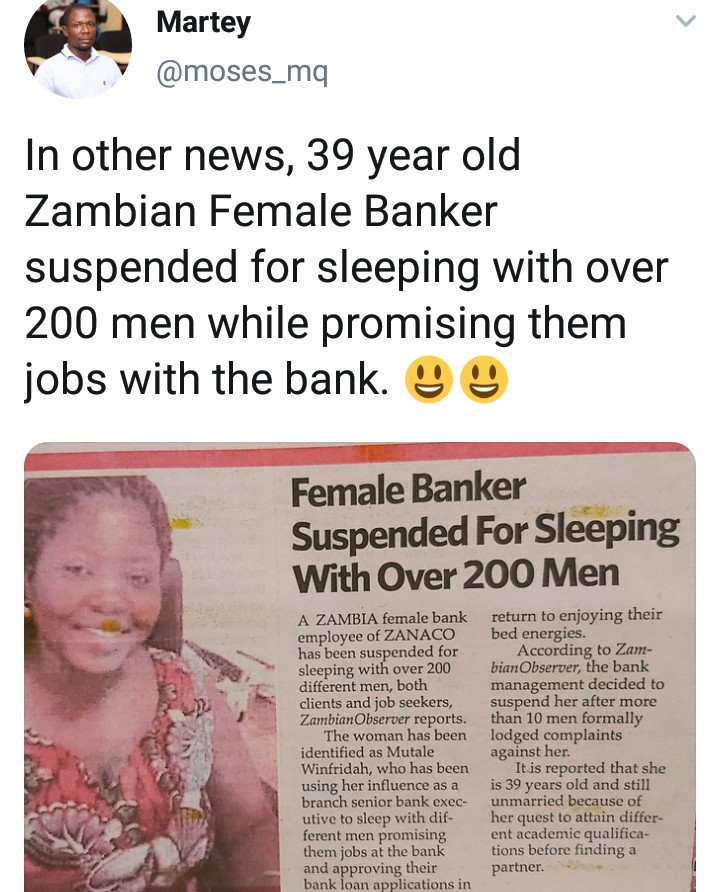 Nigerians react to news of a Zambian female banker suspended for allegedly sleeping with over 200 men while promising them jobs