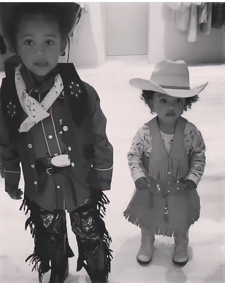 Kim Kardashian shows off Saint and Chicago West dressed in cowboy outfits (video)