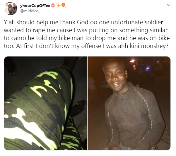 Nigerian lady thanks bikeman for saving her as soldier allegedly tried raping her for wearing a camouflage 