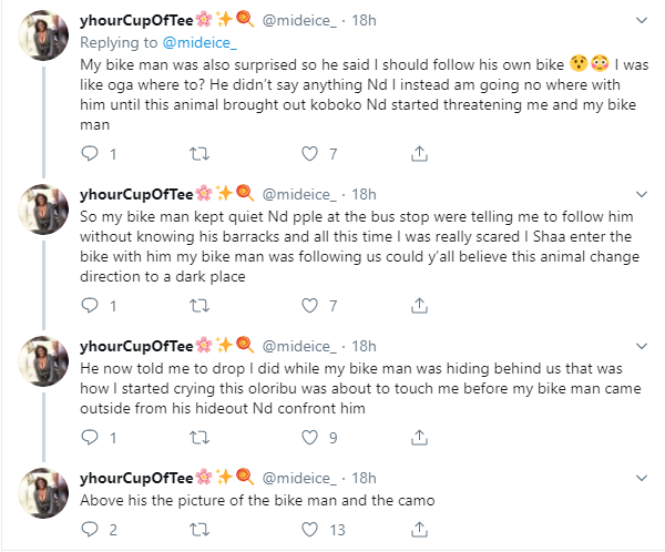 Nigerian lady thanks bikeman for saving her as soldier allegedly tried raping her for wearing a camouflage 
