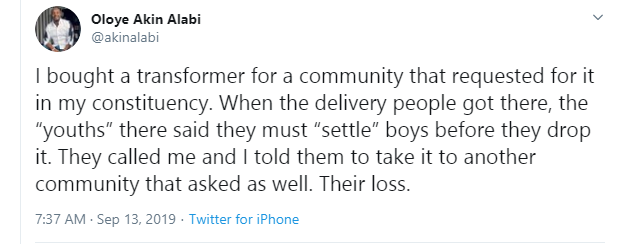Akin Alabi shares experience with ungrateful youths of a  community he bought a transformer for 