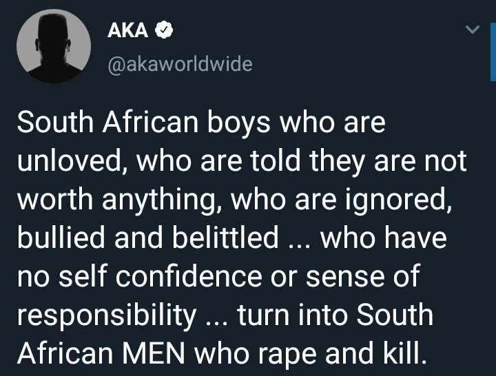AKA blames childhood trauma for the high incidence of rapists and murderers among South African men