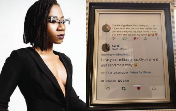 Between Asa and a fan who framed her Twitter reply