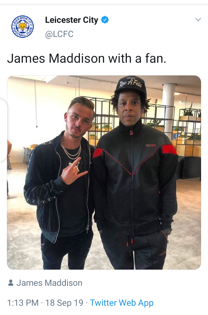 Leicester city player, James Maddison takes a photo with Jay-Z, but the rapper looks unimpressed. Lol!