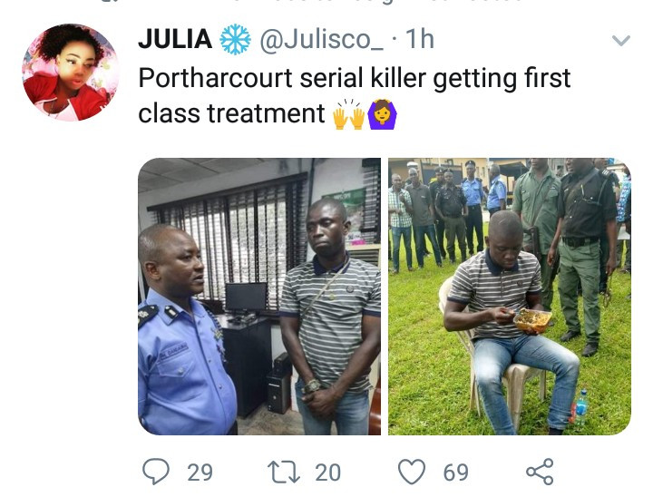 Nigerians react as suspected Port Harcourt serial killer is seen having rice and water while being paraded