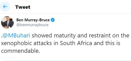 President Buhari?showed maturity and restraint on the xenophobic attacks in South Africa and this is commendable - Ben Bruce