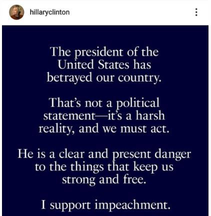 I support impeachment, Donald Trump has betrayed our country - Hilary Clinton