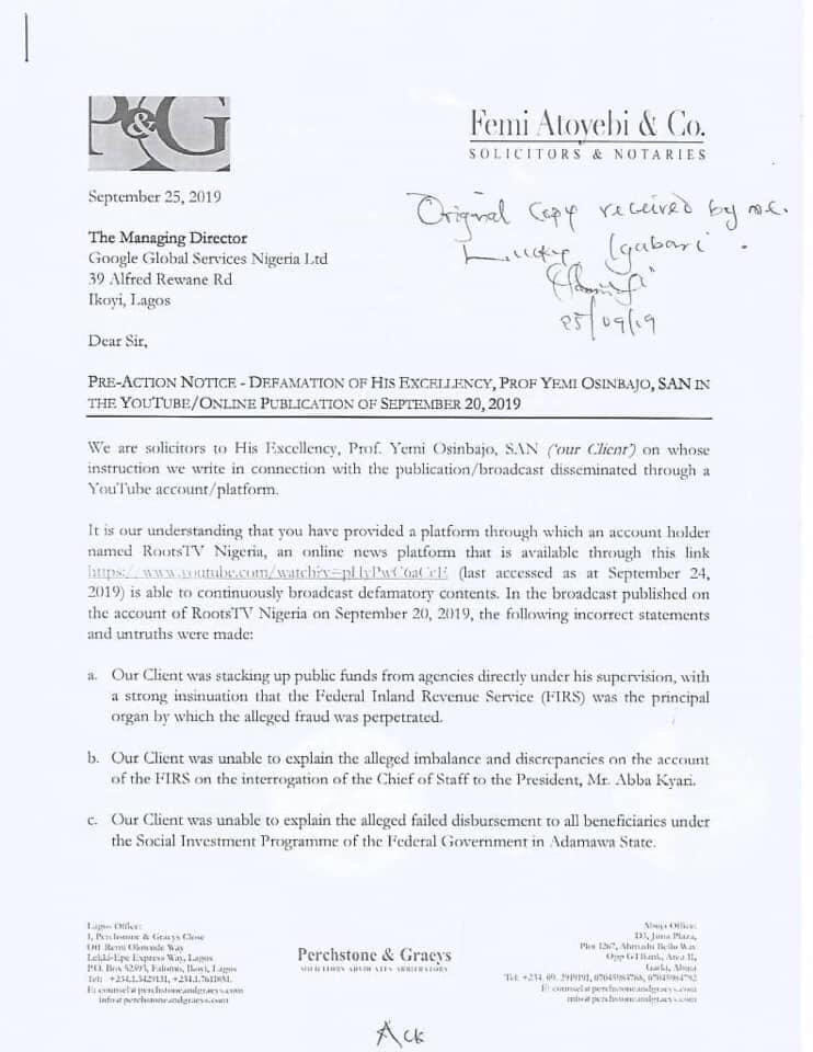 Osinbajo petitions Google, demands removal of ?defamatory? video on YouTube
