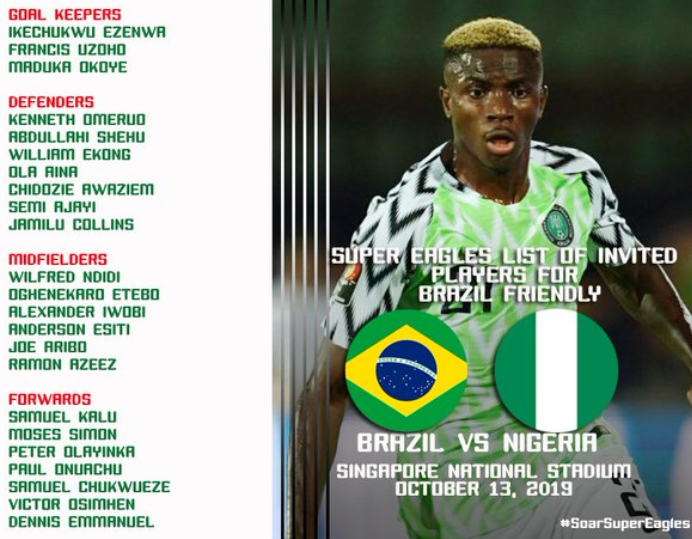 Full List:?NFF releases Super Eagles squad to?face Brazil in October