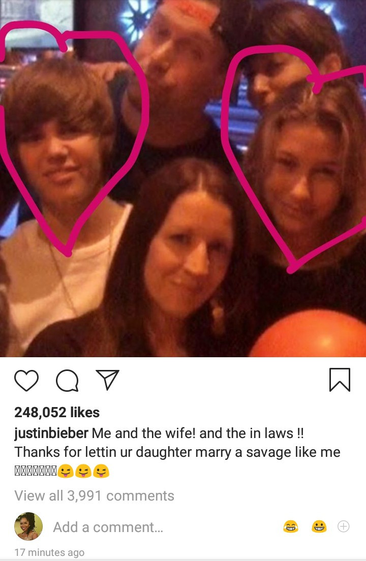 "Thanks for letting your daughter marry a savage like me" Justin Bieber says as he shares photo of him as a teenager with Hailey and her family