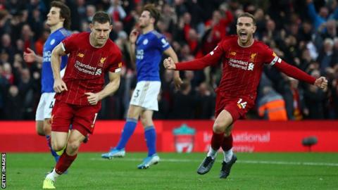 James Milner celebrates scoring the winner for Liverpool against Leicester