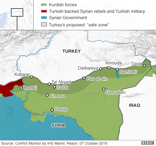 Map showing control of north-eastern Syria and Turkey's proposed "safe zone"
