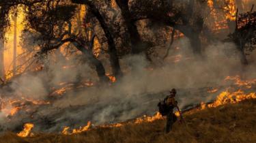 A firefighter battles the Kincade Fire in California on 26 October, 2019