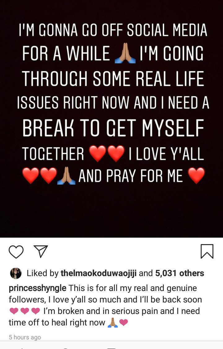 Trouble in paradise? Newly engaged Princess Shyngle deletes all IG posts and reveals she taking a break because she