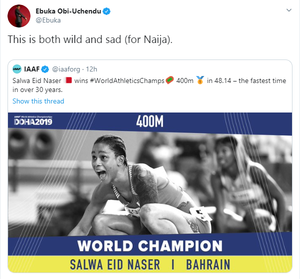 Nigerian-born Salwa Eid Naser runs third fastest time in history to win 400m World title for Bahrain, Ebuka reacts