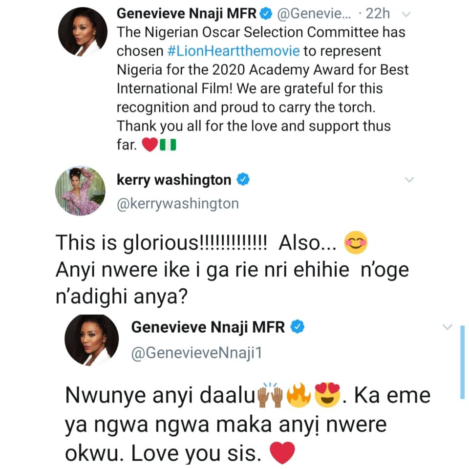 Kerry Washington shows off her Igbo writing skills as she congratulates Genevive Nnaji on her movie submission for Oscars 2020