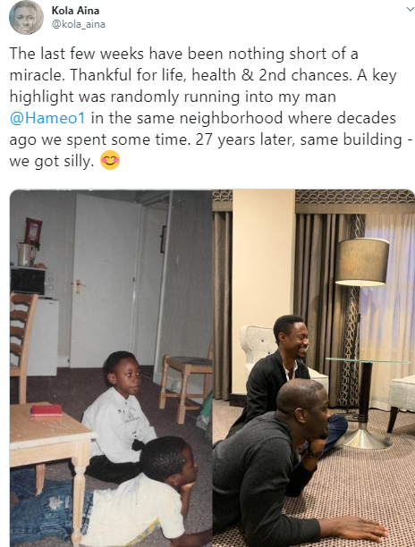 Friends reunite 27 years later in their old neighbourhood and recreate photo they took years ago