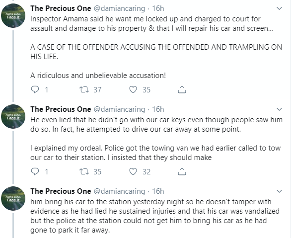 Twitter stories: Lady allegedly beaten to stupor and her car damaged by policeman because she honked at him (photos)
