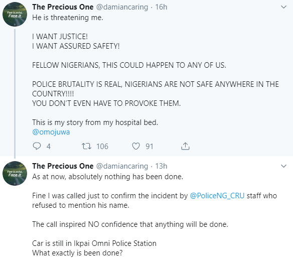 Twitter stories: Lady allegedly beaten to stupor and her car damaged by policeman because she honked at him (photos)