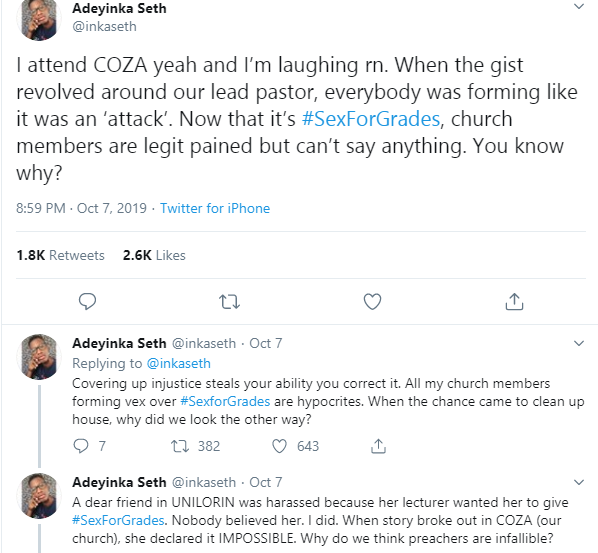 COZA members angry over #SexForGrades documentary are hypocrites- Church member writes