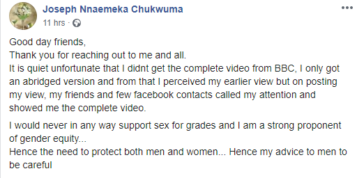UNN lecturer and Pastor reverses claim of #sexforgrade documentary being doctored after backlash
