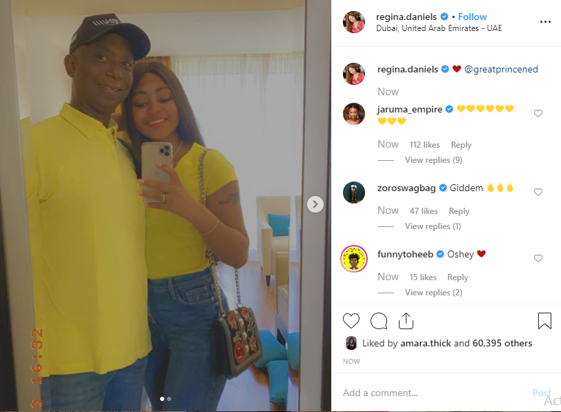 Regina Daniels and Ned Nwoko twinning in new photos