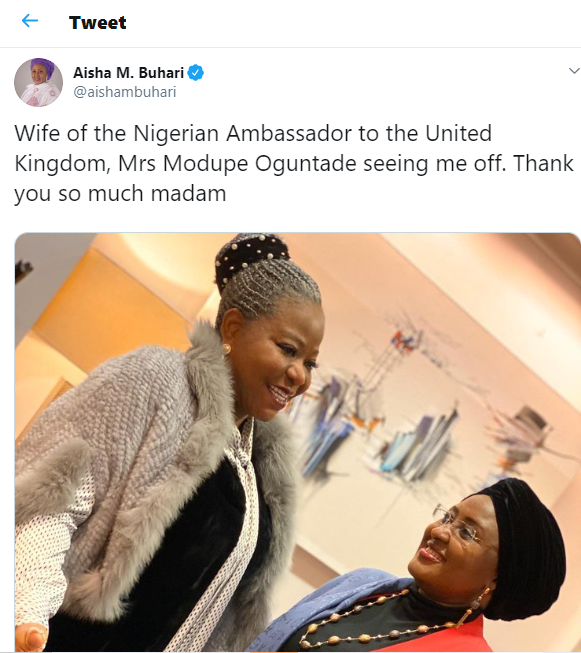 After two months in UK, Aisha Buhari returns to Abuja (Photo)