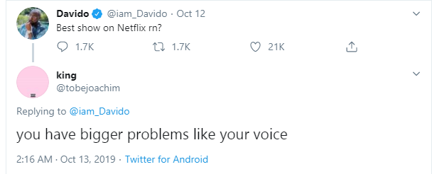 Between Davido and a troll who made his voice a problem 