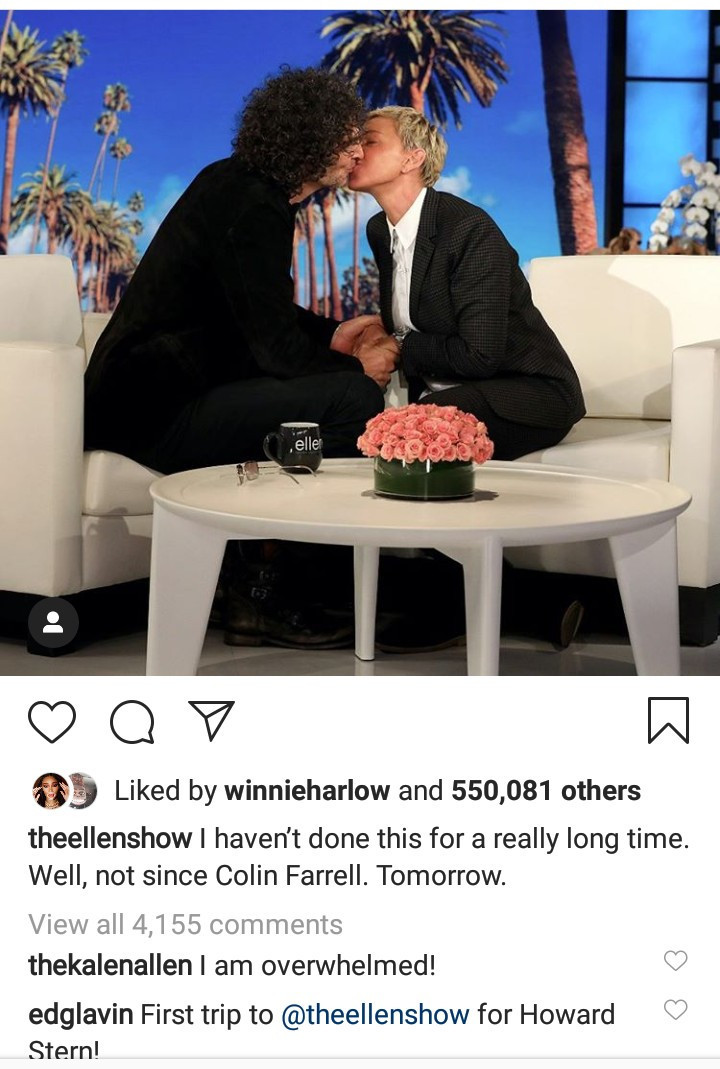 Ellen DeGeneres and Howard Stern kiss on the Ellen DeGeneres Show