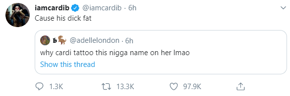 Cardi B responds to follower who asked why she tattooed Offset