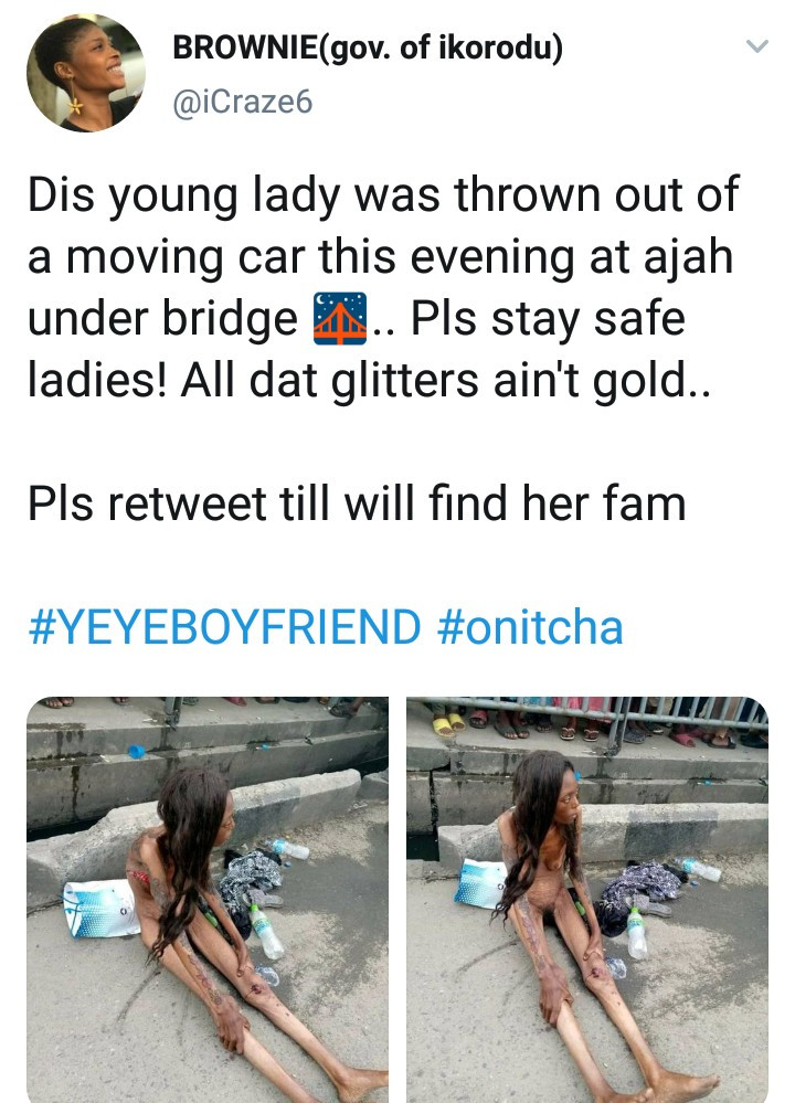 Naked woman thrown out of moving car at Ajah (photos/video)