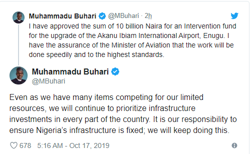 Buhari approves N10bn for upgrade of Enugu airport