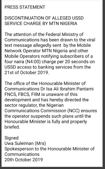 Minister of Communication orders suspension of new USSD service charge
