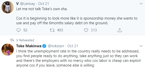 Toke Makinwa vows to give N500k to anyone who can reveal user of a Twitter account who accused her of owing her staff