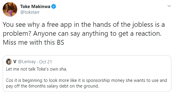 Toke Makinwa vows to give N500k to anyone who can reveal user of a Twitter account who accused her of owing her staff