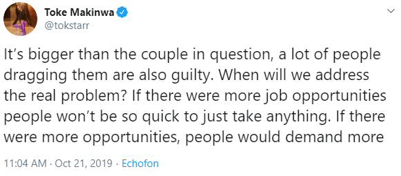 Toke Makinwa vows to give N500k to anyone who can reveal user of a Twitter account who accused her of owing her staff