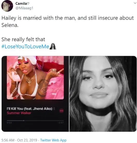 Selena Gomez fans are convinced Hailey Baldwin ?threatened to kill her? after she released visual for new song Lose You To Love Me