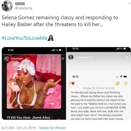 Selena Gomez fans are convinced Hailey Baldwin ?threatened to kill her? after she released visual for new song Lose You To Love Me
