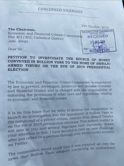 Photos: Deji Adeyanju submits petition to EFCC to investigate Asiwaju?Tinubu?s bullion vans 