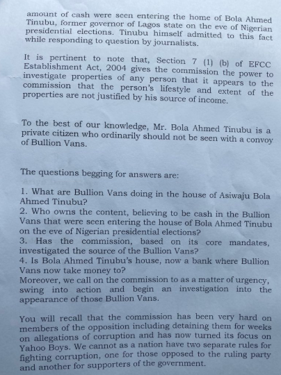 Photos: Deji Adeyanju submits petition to EFCC to investigate Asiwaju?Tinubu?s bullion vans 