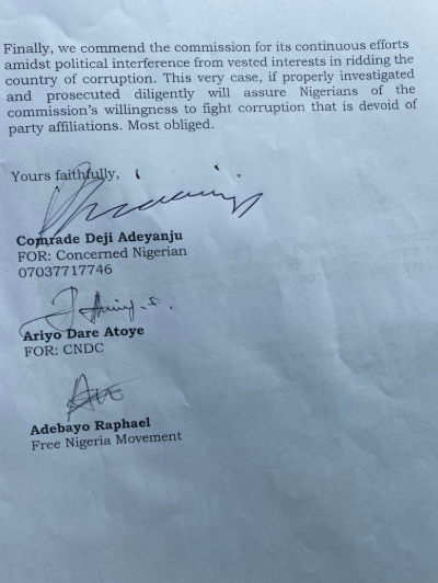 Photos: Deji Adeyanju submits petition to EFCC to investigate Asiwaju?Tinubu?s bullion vans 